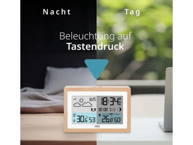 ADE Wetterstation mit Funk-Aussensensor Holz-Weiss
