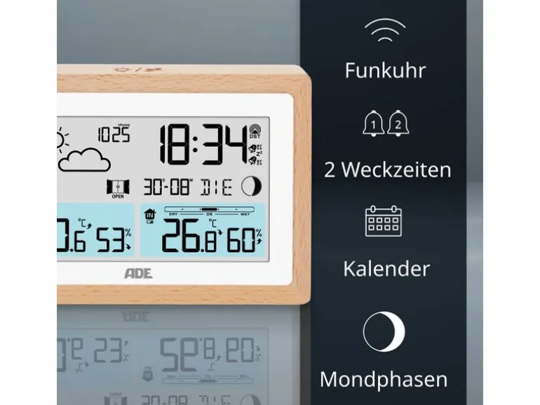 ADE Wetterstation mit Funk-Aussensensor Holz-Weiss