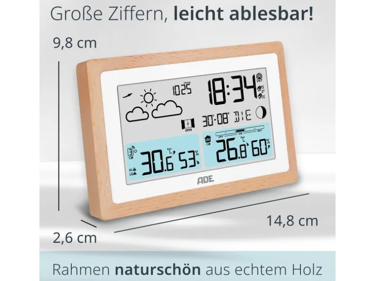 ADE Wetterstation mit Funk-Aussensensor Holz-Weiss