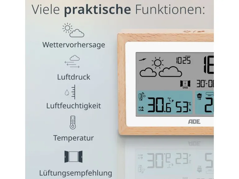 ADE Wetterstation mit Funk-Aussensensor Holz-Weiss