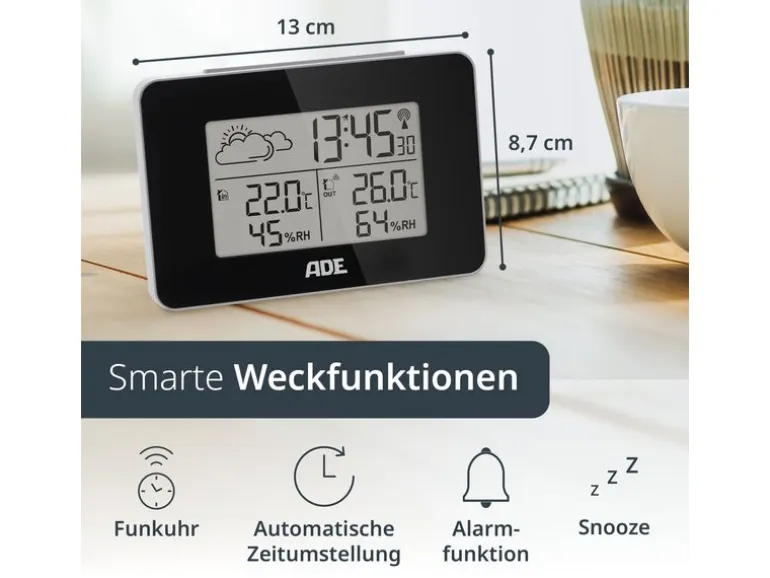 ADE Wetterstation mit Funk-Aussensensor mit DCF-Funkuhr, Schwarz