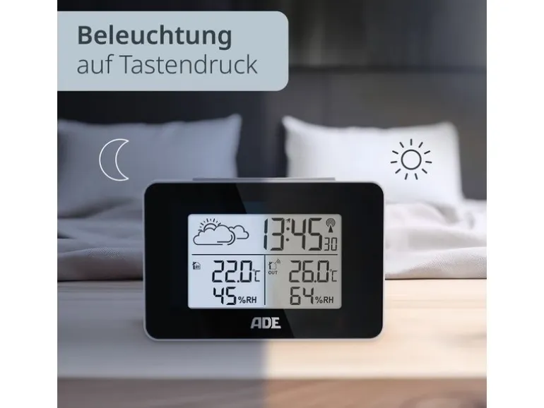 ADE Wetterstation mit Funk-Aussensensor mit DCF-Funkuhr, Schwarz