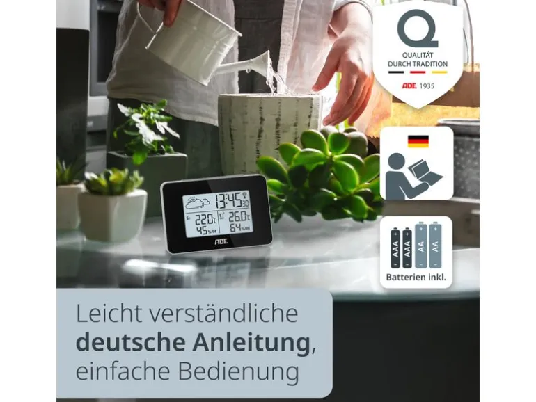 ADE Wetterstation mit Funk-Aussensensor mit DCF-Funkuhr, Schwarz