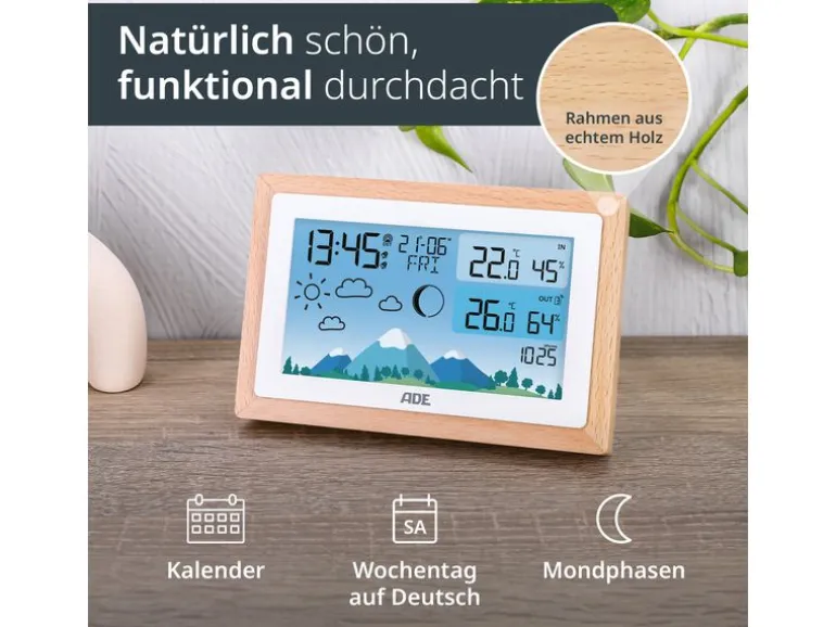 ADE Wetterstation mit Funk-Aussensensor Holz-weiss