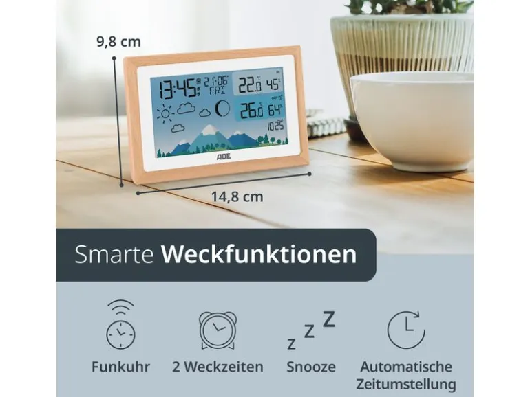 ADE Wetterstation mit Funk-Aussensensor Holz-weiss