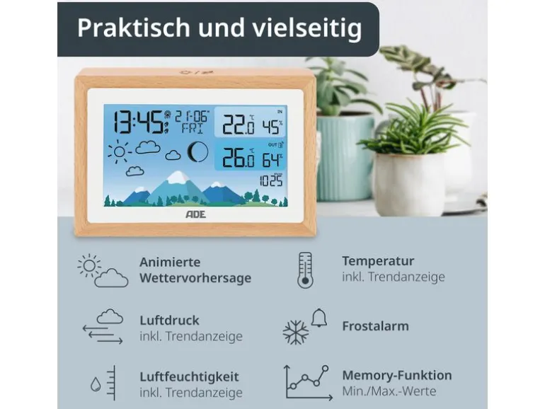 ADE Wetterstation mit Funk-Aussensensor Holz-weiss