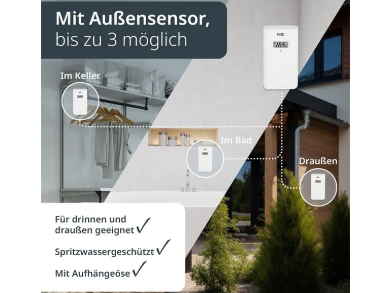 ADE Wetterstation mit Funk-Aussensensor Holz-weiss