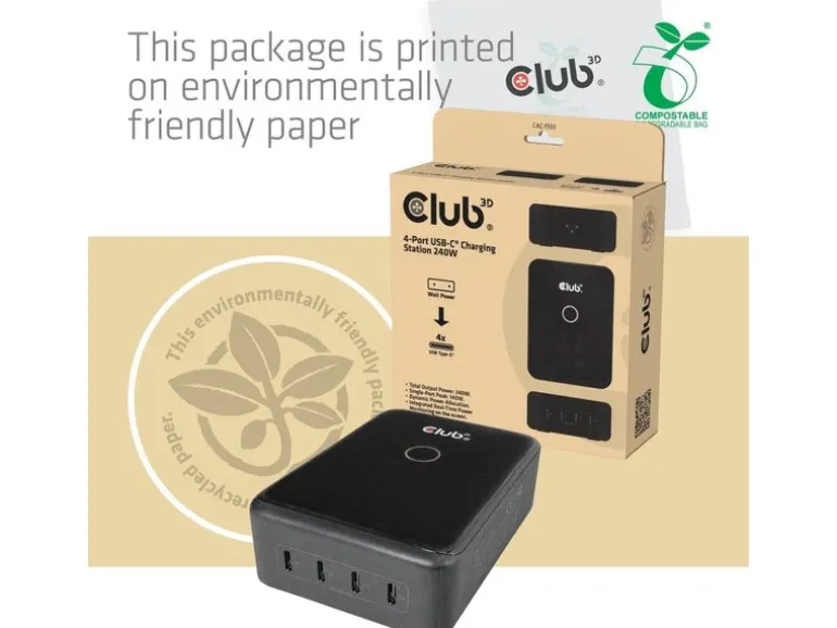 Club 3D CAC-1933 USB-C 240 W GaN 4-Port Universal Schwarz