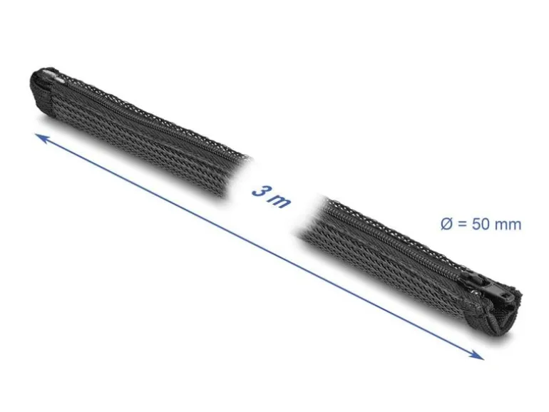 Delock Kabelschlauch 3 m x 50 mm, mit Reissverschluss, Schwarz