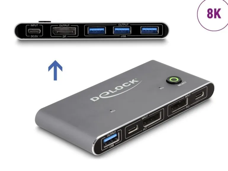 Delock KVM Switch Displayport 8K 30 Hz mit USB 5 Gbps