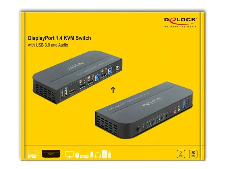 Delock KVM Switch 2 Port Displayport 1.4 mit USB3.0 & Audio 8k 30Hz