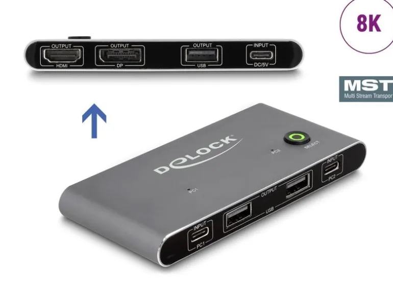 Delock KVM Switch USB-C zu HDMI und DisplayPort 8K MST mit USB 2.0