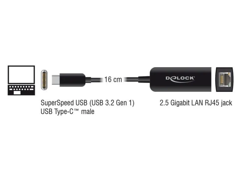 Delock Netzwerk-Adapter USB-C – RJ45 2.5Gbps schwarz, kompakt