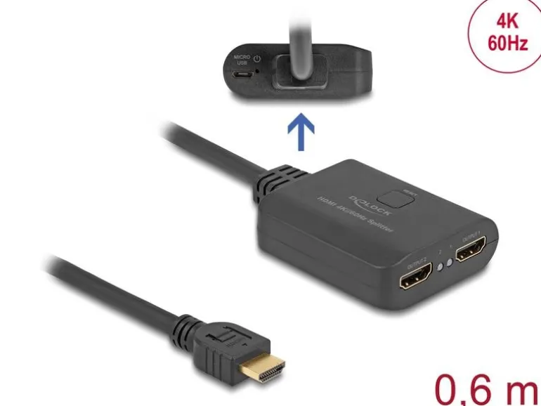 Delock 2-Port Signalsplitter HDMI – HDMI 4K 60 Hz mit Downscaler