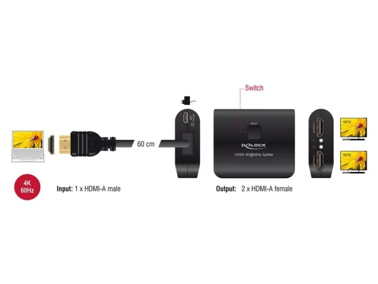 Delock 2-Port Signalsplitter HDMI – HDMI 4K 60 Hz mit Downscaler