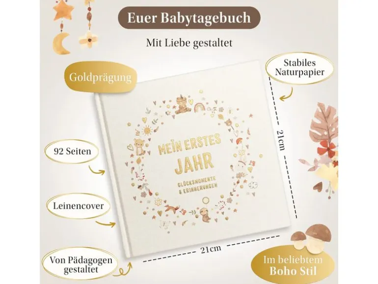 Eulentaler Babyalbum Boho Gold Leinen, 92 Seiten