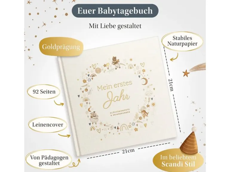 Eulentaler Babyalbum Scandi Gold Leinen, 92 Seiten