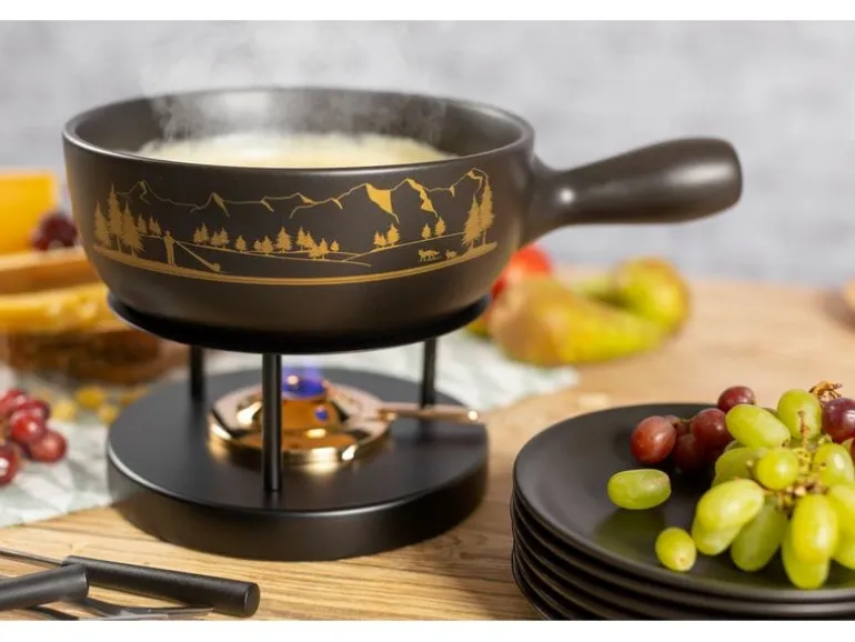 Kuhn Rikon Käsefondue-Set Alpenpanorama 15 Teile, Schwarz/Gold