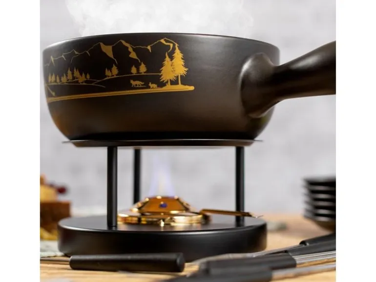 Kuhn Rikon Käsefondue-Set Alpenpanorama 15 Teile, Schwarz/Gold