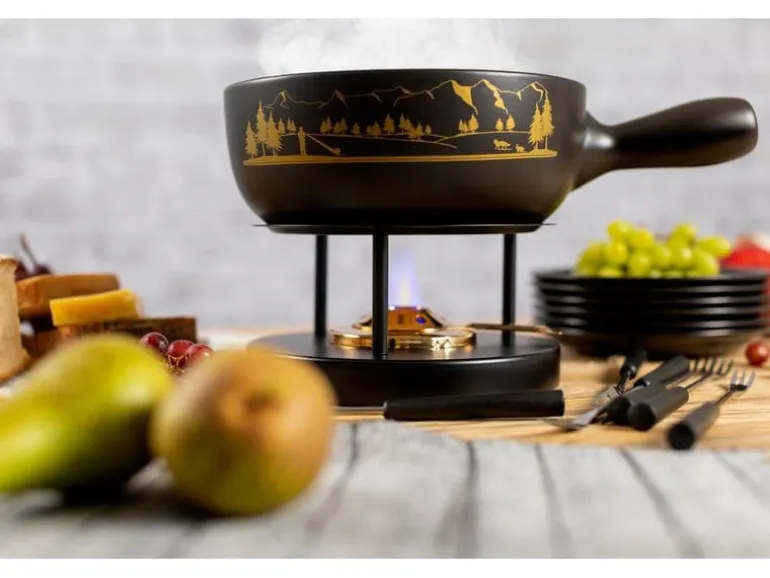 Kuhn Rikon Käsefondue-Set Alpenpanorama 15 Teile, Schwarz/Gold