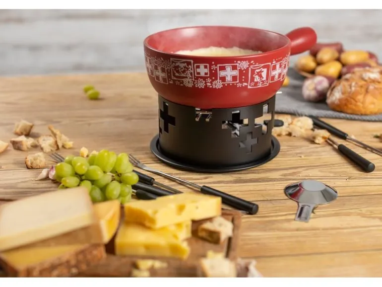Kuhn Rikon Käsefondue-Set Suisse 8 Teile, Schwarz/Rot