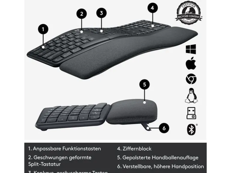 Logitech Tastatur Ergo K860 QWERTZ (CH), Schwarz/Graphit