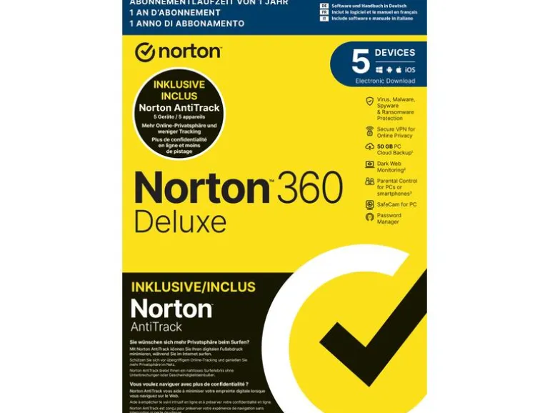 Norton 360 Deluxe + AntiTrack Bundle Box, 5 Dev., 1yr, 50GB Cloud