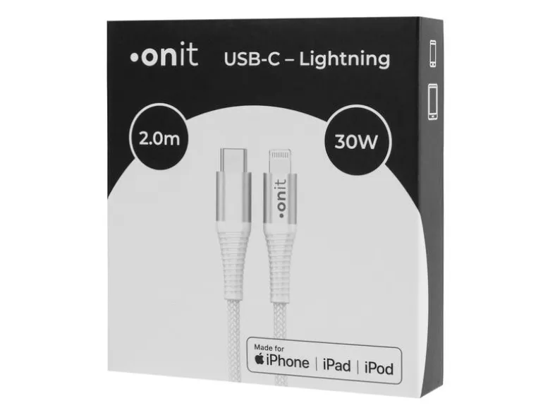 onit USB 2.0-Kabel 30 W, MFi, USB-C - Lightning, 2 m, Weiss