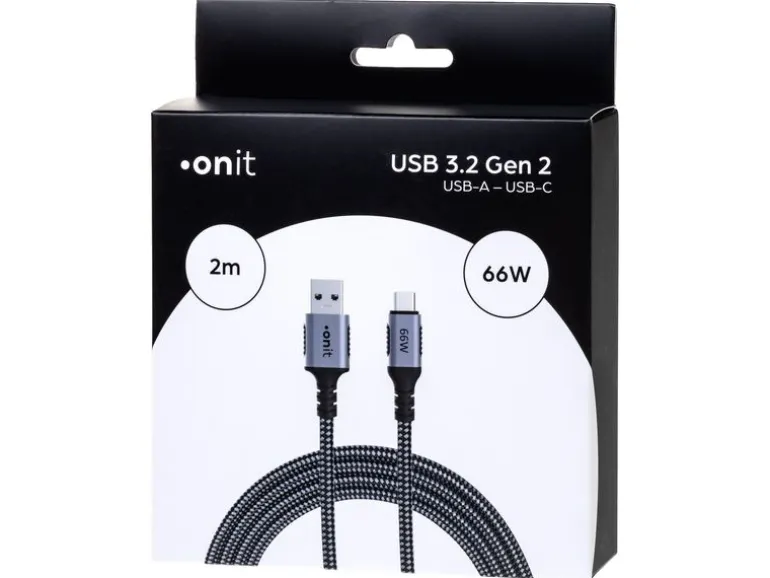 onit USB 3.1-Kabel 66 W, USB-A - USB-C, 2 m, Schwarz/Grau