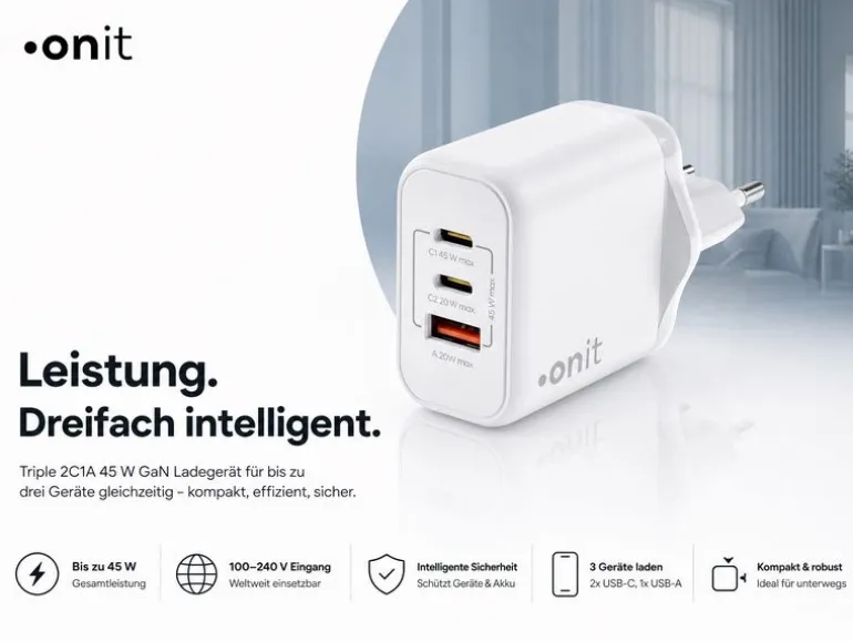 onit USB-Wandladegerät Triple 2C1A 45 W GaN Weiss