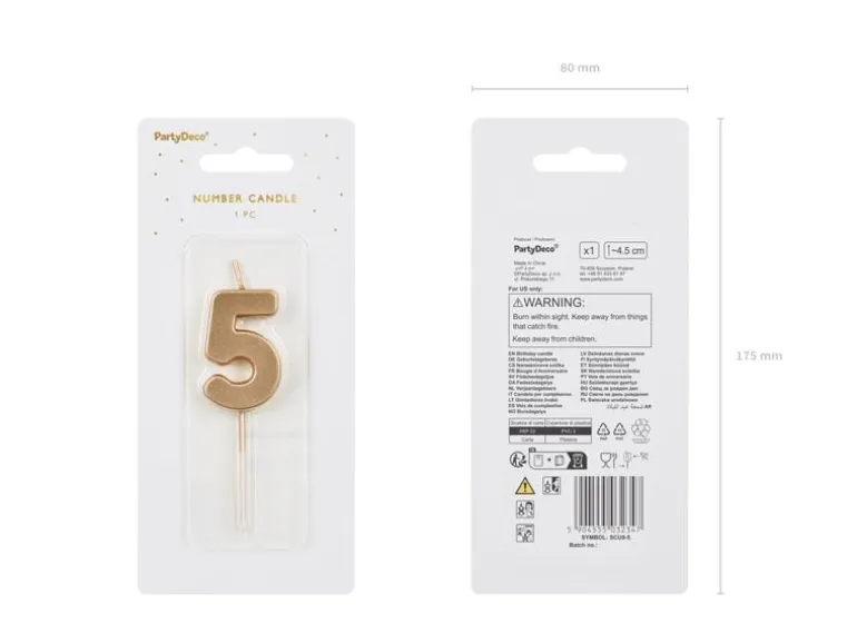 Partydeco PartyDeco Geburtstagskerze Ziffer 5 Gold 1 Stück