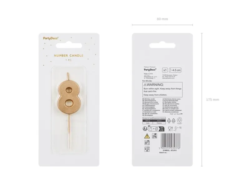 Partydeco PartyDeco Geburtstagskerze Ziffer 8 Gold 1 Stück