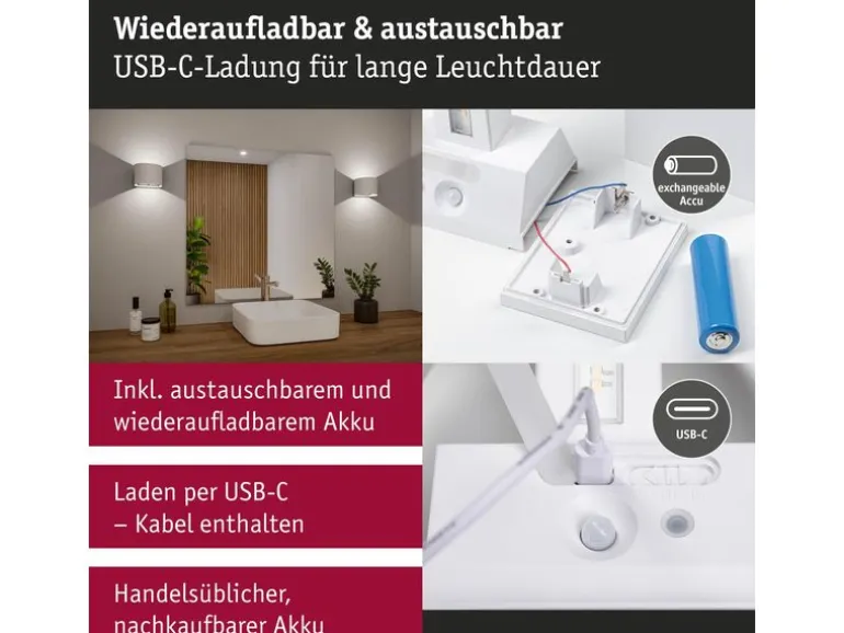 Paulmann Akkuwandleuchte Nyora IP44, Weiss