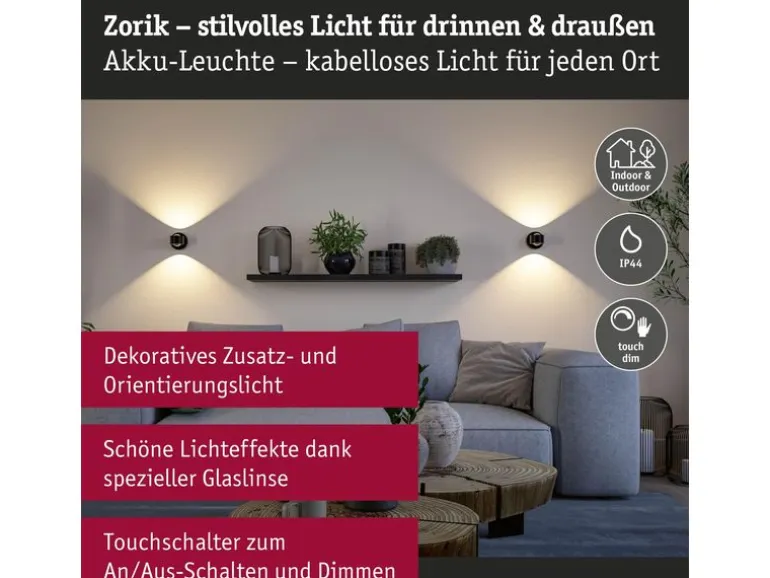 Paulmann LED Akkuwandleuchte Zorik 2700K dimmbar Schwarz