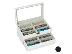relaxdays Brillenbox Kunstleder Glas Weiss Transparent