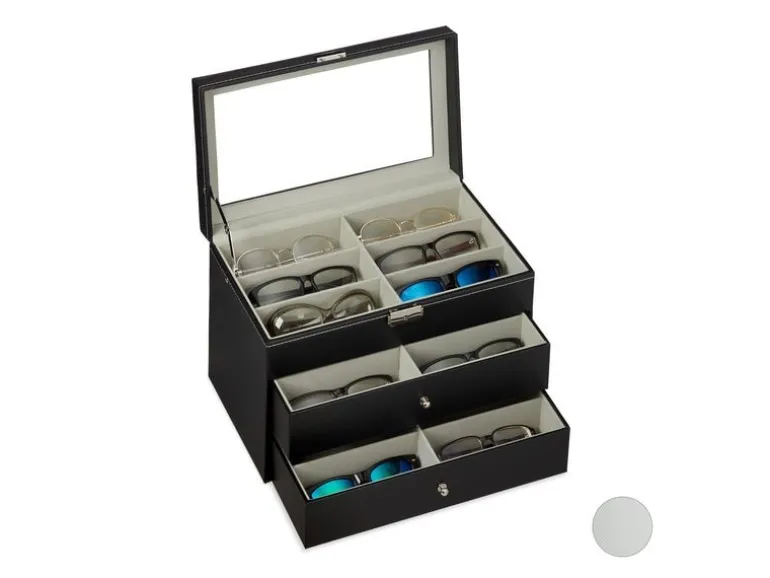 relaxdays Brillenbox Kunstleder Glas Samt Schwarz Transparent
