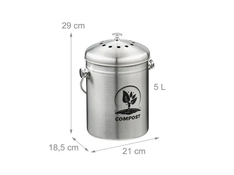 relaxdays Komposteimer mit Geruchsfilter 5 l, Schwarz/Silber