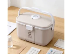 relaxdays Medizinbox aus Kunststoff Beige/Grau 17 x 28 x 18 cm