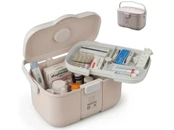 relaxdays Medizinbox aus Kunststoff Beige/Grau 17 x 28 x 18 cm