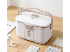 relaxdays Medizinbox aus Kunststoff Beige/Weiss 17 x 28 x 18 cm