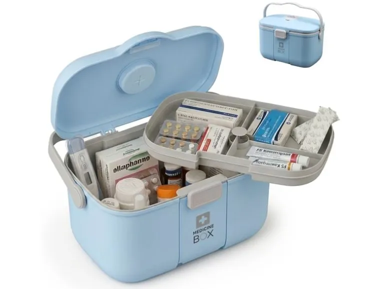 relaxdays Medizinbox aus Kunststoff Grau/Hellblau 17 x 28 x 18 cm