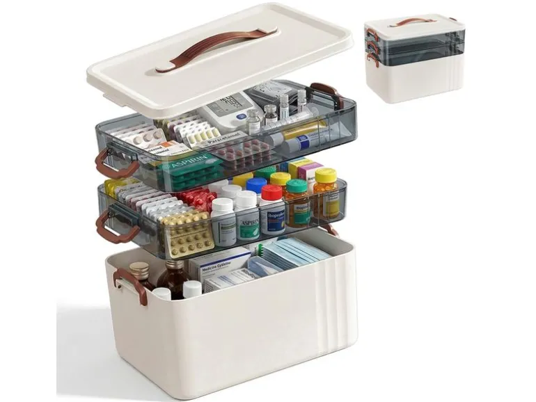 relaxdays Medizinbox aus Kunststoff Transparent/Weiss 24 x 33 x 22 cm