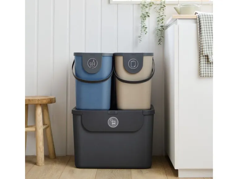 Rotho Recyclingbehälter ALBULA 3 tlg. 105 l, Blau/Anthrazit