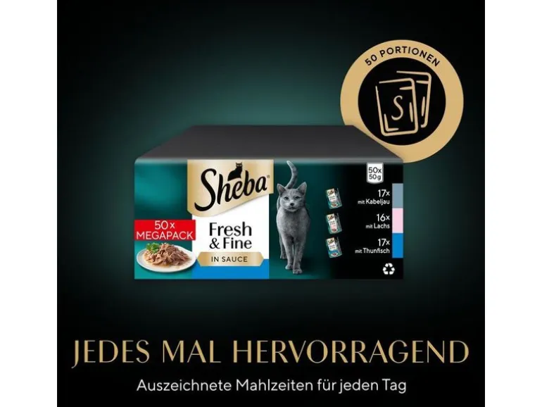 Sheba Nassfutter Sauce mit Kabeljau, Lachs und Thunfisch, 50 x 50g
