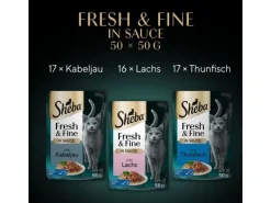 Sheba Nassfutter Sauce mit Kabeljau, Lachs und Thunfisch, 50 x 50g