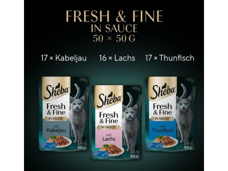 Sheba Nassfutter Sauce mit Kabeljau, Lachs und Thunfisch, 50 x 50g