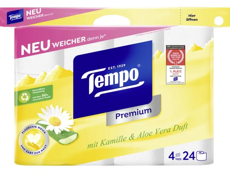Tempo Toilettenpapier Premium Kamille Rollen, 4-lagig, Weiss