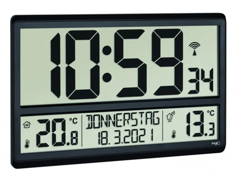 TFA Dostmann Funk-Wanduhr XL mit Aussen- und Innentemperatur Schwarz