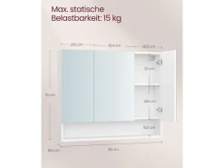 VASAGLE Spiegelschrank Weiss, 90 x 16.5 x 75 cm