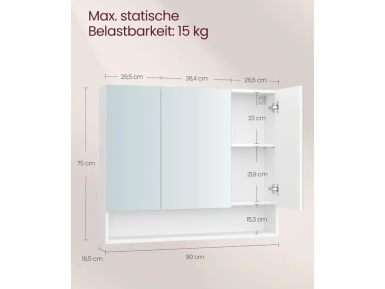 VASAGLE Spiegelschrank Weiss, 90 x 16.5 x 75 cm